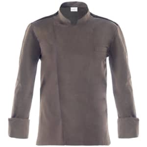 A grey chef jacket with a mandarin collar and long sleeves. It features a front pocket and a logo.