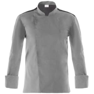 A grey chef jacket featuring a mandarin collar, long sleeves, and a single chest pocket. It has branding on the garment.