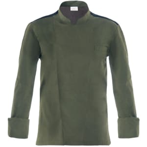 A dark green chef jacket featuring a mandarin collar and a single pocket on the left side.
