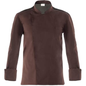 A brown jacket with a collar and long sleeves, featuring a single chest pocket and an embroidered logo.