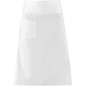 A plain white apron with a front pocket and a simple design, featuring a logo on the chest area.
