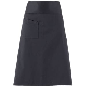 A dark grey apron featuring a single pocket and a smooth waistband, suitable for culinary activities.