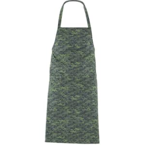 A camouflage-patterned apron in shades of green, featuring a simple design and a neck strap.