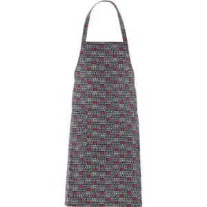 A patterned apron featuring a black, grey, and red design. Includes a neck strap and a logo.