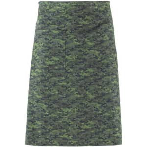 A green camouflage apron featuring a pattern of varying shades of green. It has a single pocket.