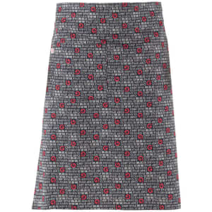 A patterned apron featuring a mix of black, red, and white colours, with a logo present.