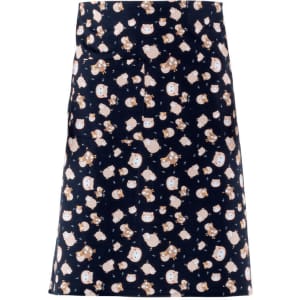 A navy apron featuring a playful pattern of cartoon animals, with pockets and a branding logo.