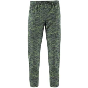Green camouflage pants with an elastic waistband and two side pockets. The pants feature a subtle patterned design.