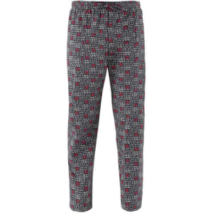 A pair of grey pants with a repeated pattern featuring red and black designs. Includes a drawstring waist.