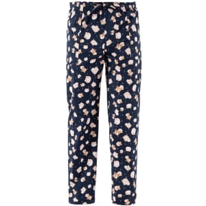 Navy blue pants featuring a playful pattern of cartoon characters in light colours. The pants have an elastic drawstring waistband.