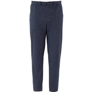 Navy blue pants with a relaxed fit, featuring a button and elastic waistband, and two front pockets.