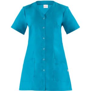 A turquoise tunic featuring a V-neck, short sleeves, and front buttons, with two pockets and a logo.