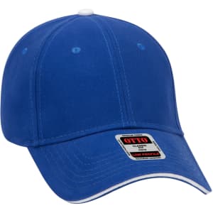 A blue 6-panel baseball cap with a white trim and branding label on the front.