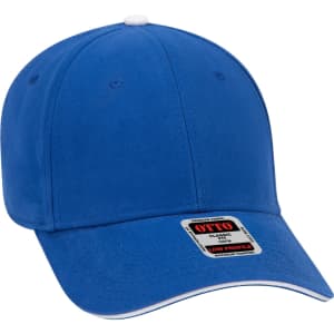 A blue 6 panel baseball cap featuring a white button on top and a branded tag on the brim.