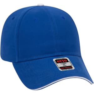 A blue 6-panel baseball cap with a low profile design and a small logo on the side.