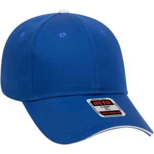 A blue six-panel baseball cap with a curved brim and a branded tag on the side.