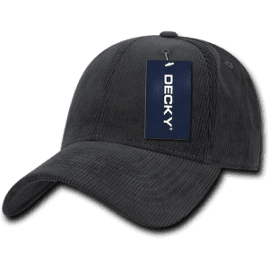 A black corduroy cap with a low profile and a branding tag attached.