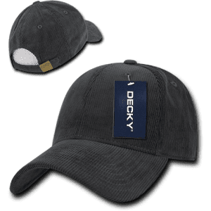 A dark grey six-panel low profile structured cap with a logo and a tag attached.