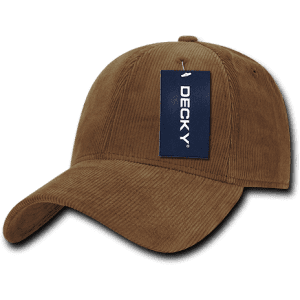 A brown corduroy cap with a structured design and a tag attached, featuring a logo on the side.