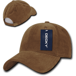 A brown 6 panel low profile structured cap with a tag and an adjustable strap at the back.