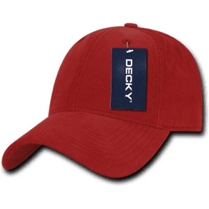 A red 6 panel low profile structured cap with a tag, featuring a curved brim and a logo on the front.