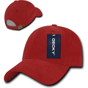 A red 6 Panel Low Profile Structured Cap with a tag and a visible logo.