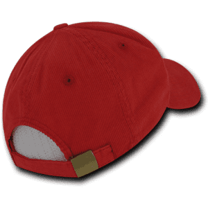 A red 6-panel low profile structured cap featuring a back strap and a logo.