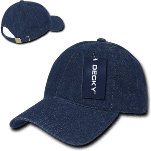 A 6-panel low profile relaxed cap in denim blue with a logo and a tag attached.