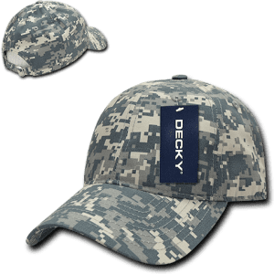 A camouflage 6-panel low profile relaxed dad hat featuring a logo. The hat has a muted grey and green pattern.