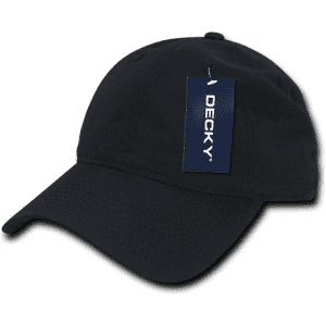 A black 6-panel low pro ripstop dad hat with a tag and a logo on the side.