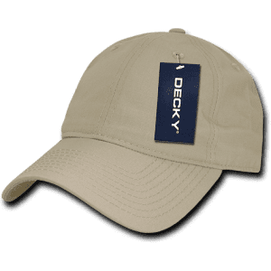 A low-profile, relaxed dad hat in beige with a tag attached and a logo on the front.