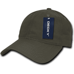A low-profile, relaxed dad hat in olive green, featuring a tag and a logo.