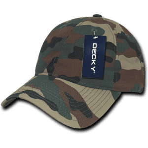 A camouflage dad hat featuring a curved brim and an attached tag. The cap has a relaxed, low-profile fit.