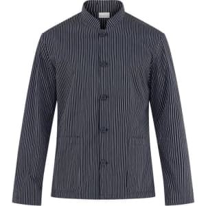 A striped navy jacket with a mandarin collar and button closure, featuring two front pockets and a logo.