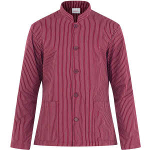 A red and white striped jacket with a mandarin collar and front buttons, featuring two side pockets.