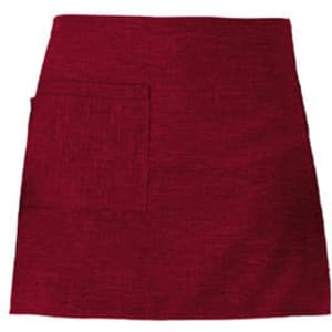 A burgundy apron featuring a front pocket and a textured design, with a logo present.