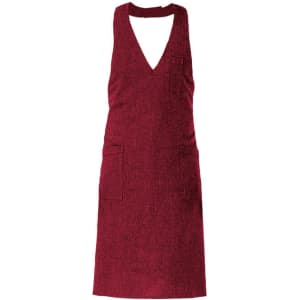 A burgundy apron with a V-neck design and two pockets, featuring a logo.