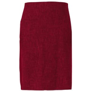 A red apron with a textured fabric design, featuring a simple, straight shape and no visible pattern.