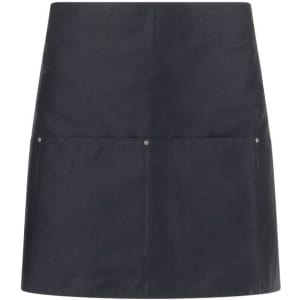A dark blue apron with a simple design featuring two front pockets and metal snaps. It has a logo.