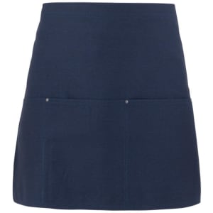 A navy blue apron featuring a front pocket and silver studs, with a simple, stylish design and a logo.