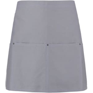 A grey apron featuring two front pockets and decorative stitching. The design includes a logo.