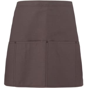A brown apron featuring pockets and stitching details, with visible branding on the design.