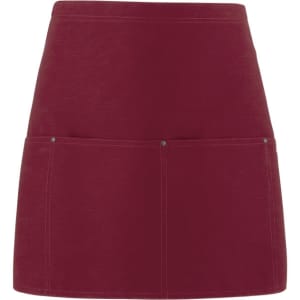 A maroon apron featuring two front pockets and a sleek design. It has a logo on the fabric.