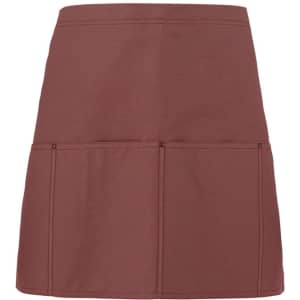 A maroon apron with a pocket design, featuring stitching details and a simple, smooth finish.