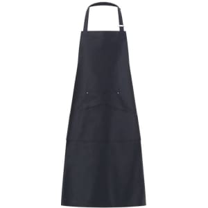 A dark navy apron with an adjustable neck strap and a front pocket, featuring a simple design and a logo.