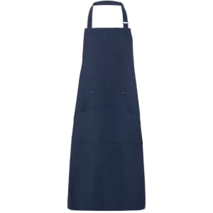A navy blue apron featuring an adjustable neck strap and a front pocket, with a logo displayed.