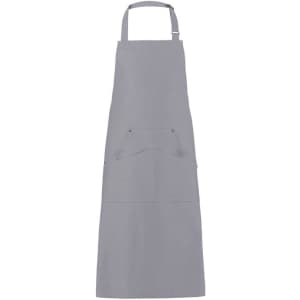 A grey apron with a front pocket and adjustable neck strap, featuring branding.