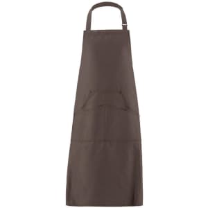A brown apron featuring a front pocket and a neck strap, with a logo displayed on the fabric.