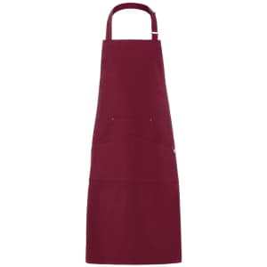 A maroon apron featuring a pocket and an adjustable neck strap. The apron also includes a logo.