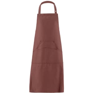 A brown apron featuring a front pocket and an adjustable neck strap, with a logo on the fabric.